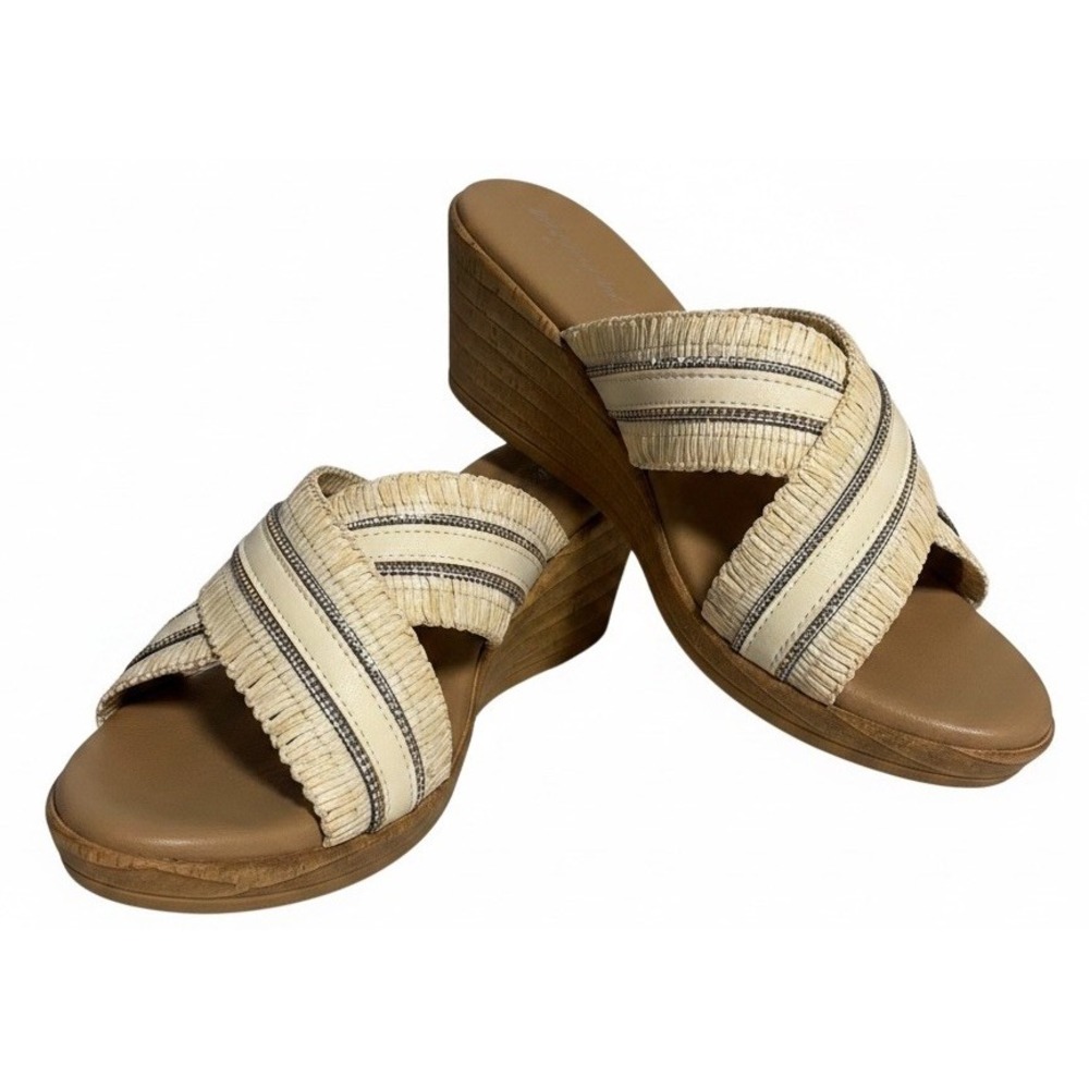 Andrea Morelli Italy Raffia Rhinestone Cork Wedge Slide Sandals Women's 9